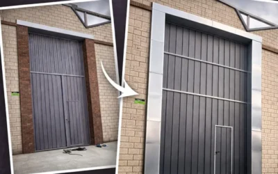 Renovación de portón industrial, mejorando su acabado metálico y la imagen exterior del acceso.