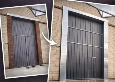 Renovación de portón industrial, mejorando su acabado metálico y la imagen exterior del acceso.